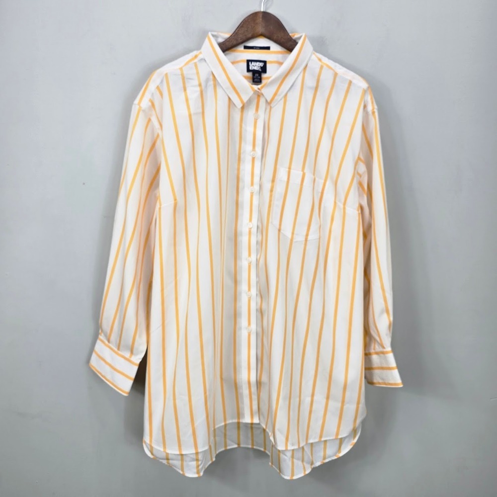 Lands End Oversized No Iron Button Down Top 2X White Orange Striped Shirt NWOT